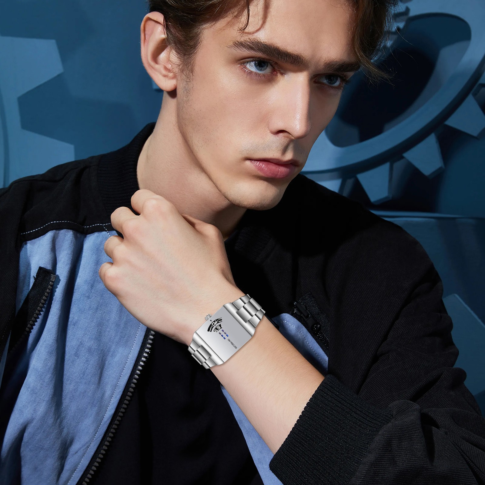 Men’s Steampunk Stainless Steel Square Wrist Watch No-Hand Jumping Hour Display