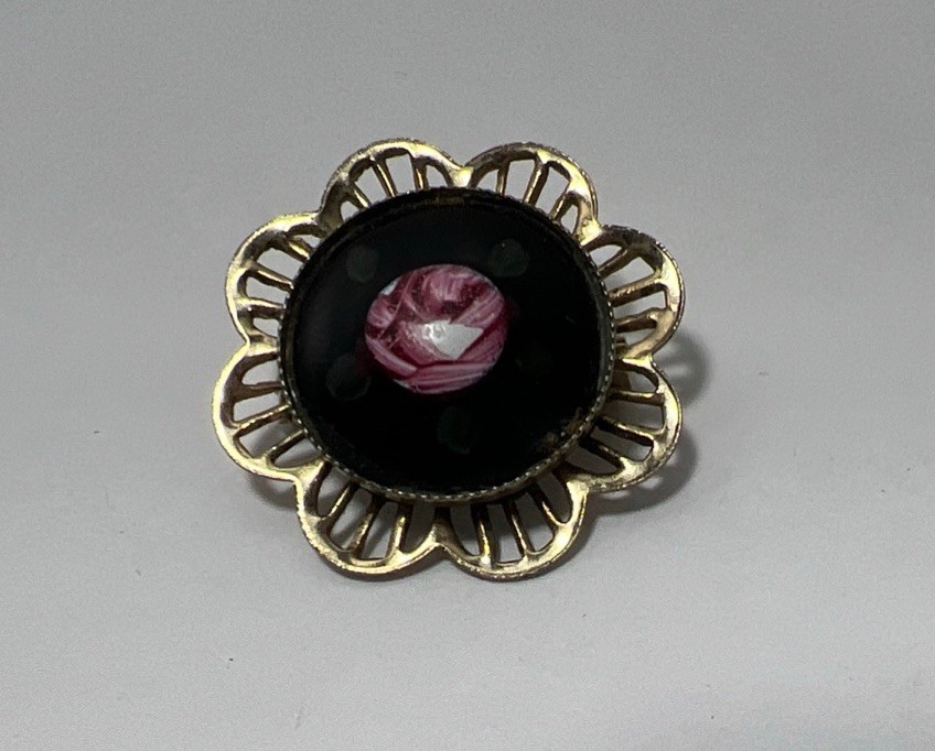 Pink Black Green Guilloche Enamel Painted Flower Gold Tone Metal Brooch Vintage