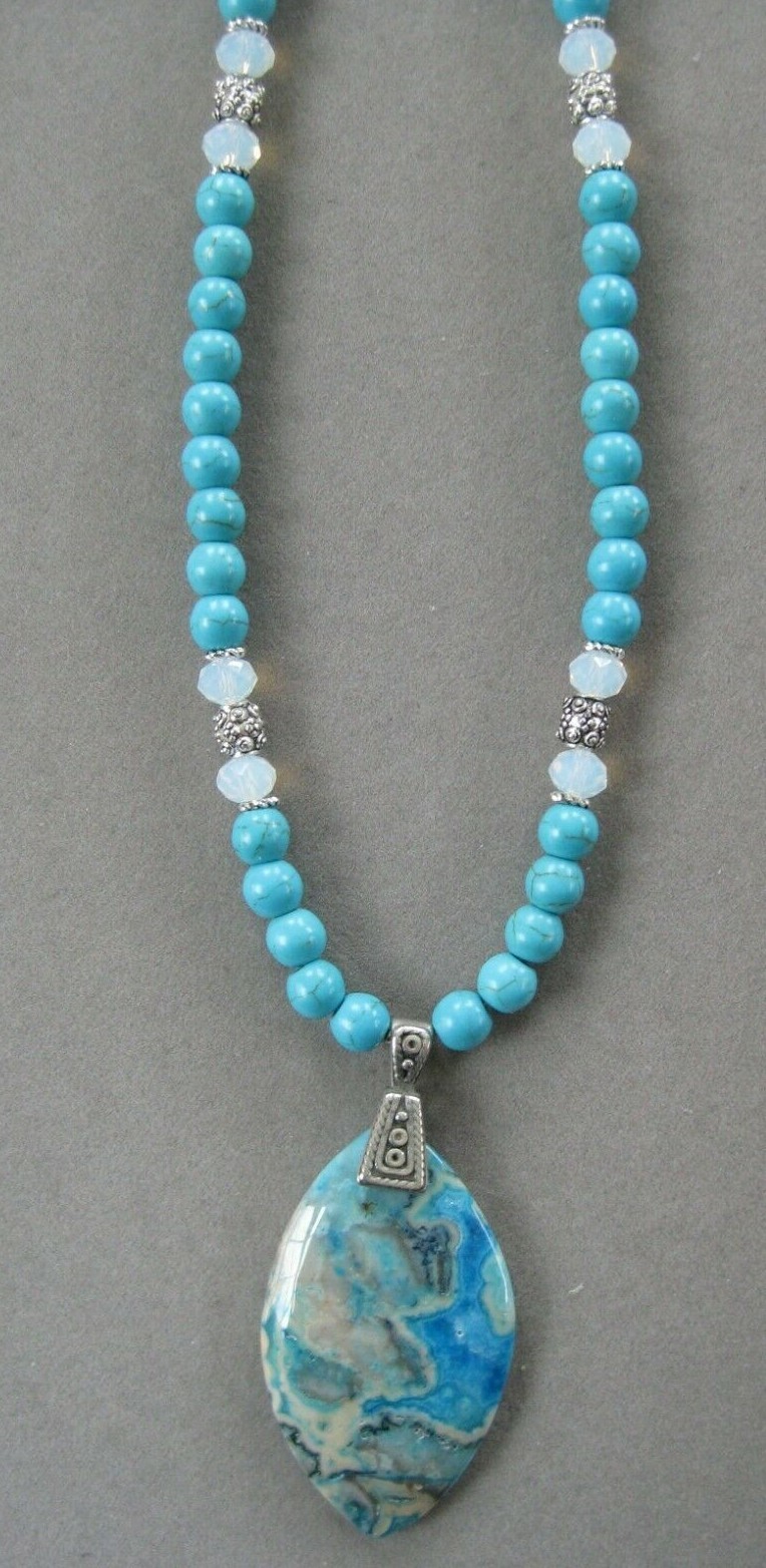 Lovely Blue and Peach Crazy Lace Agate Pendant Necklace with Turquoise Beads