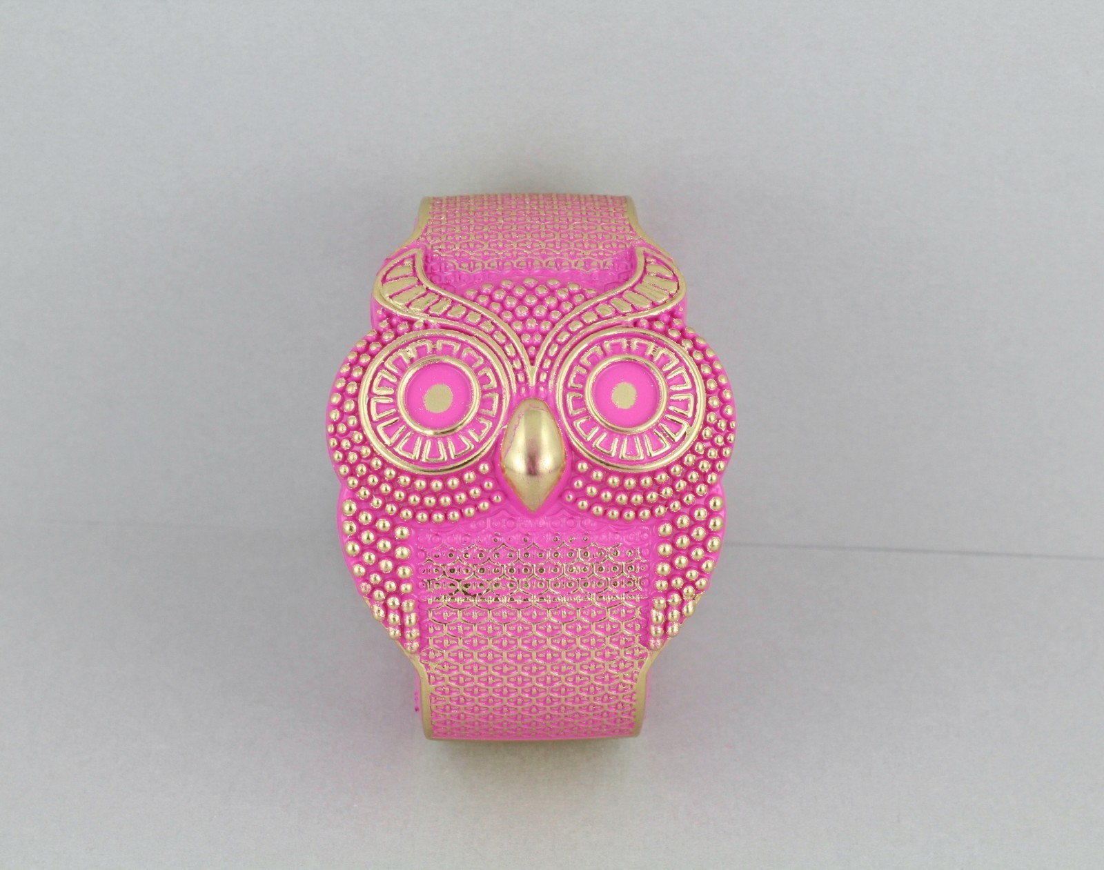 Owl bracelet Pink Gold carved textured bird plastic hinged bangle cuff