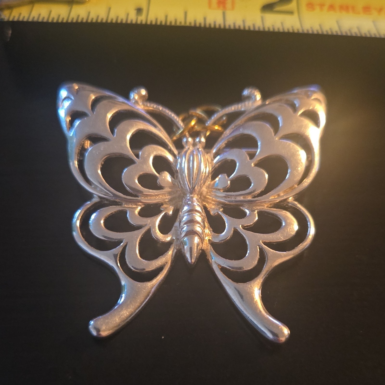 Silver Tone Butterfly Dangle Brooch Pin, Metal, No Stone, 2 in