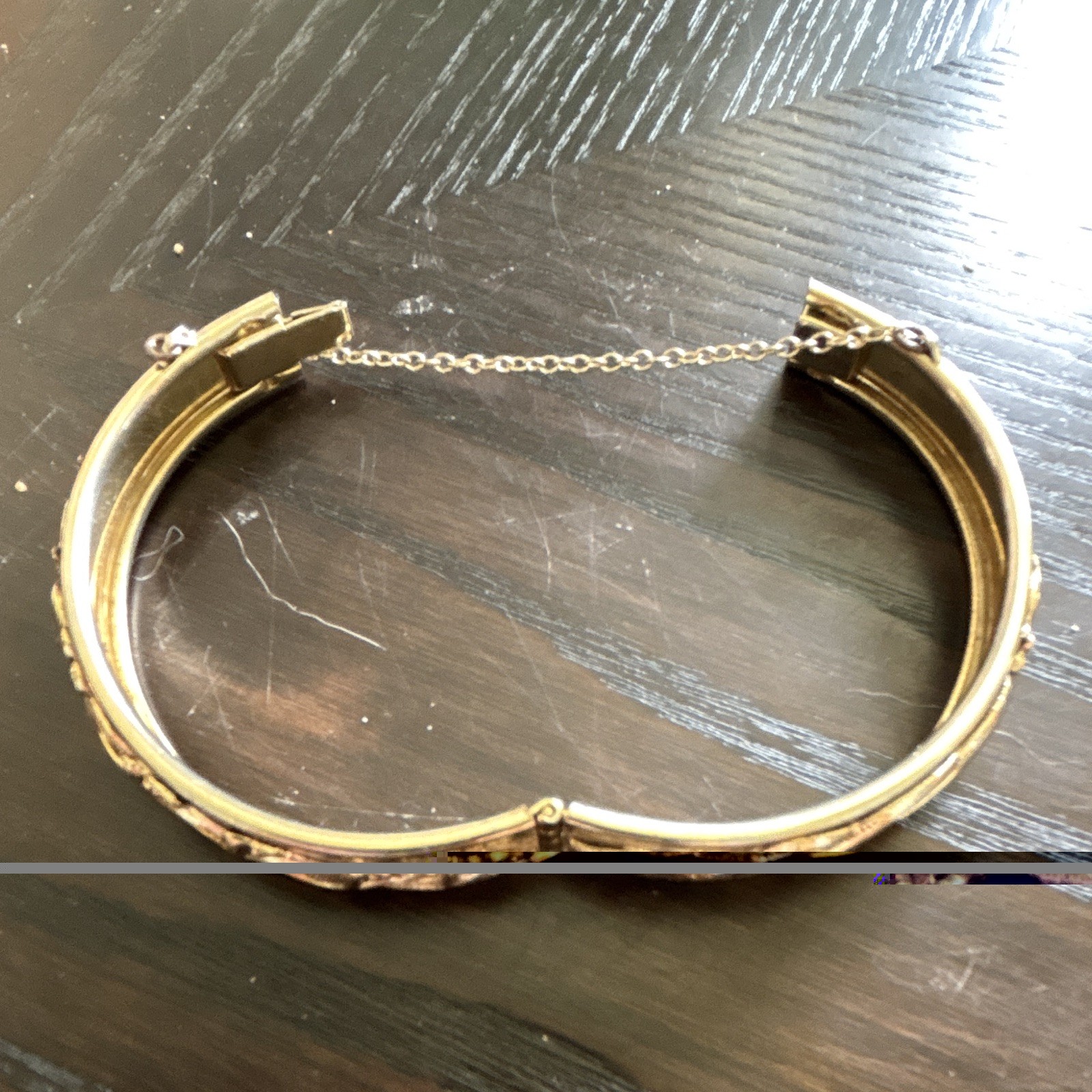 Gold Tone Hinged Bangle Bracelet w/ Safety Chain —Whiting and Davis signed vin
