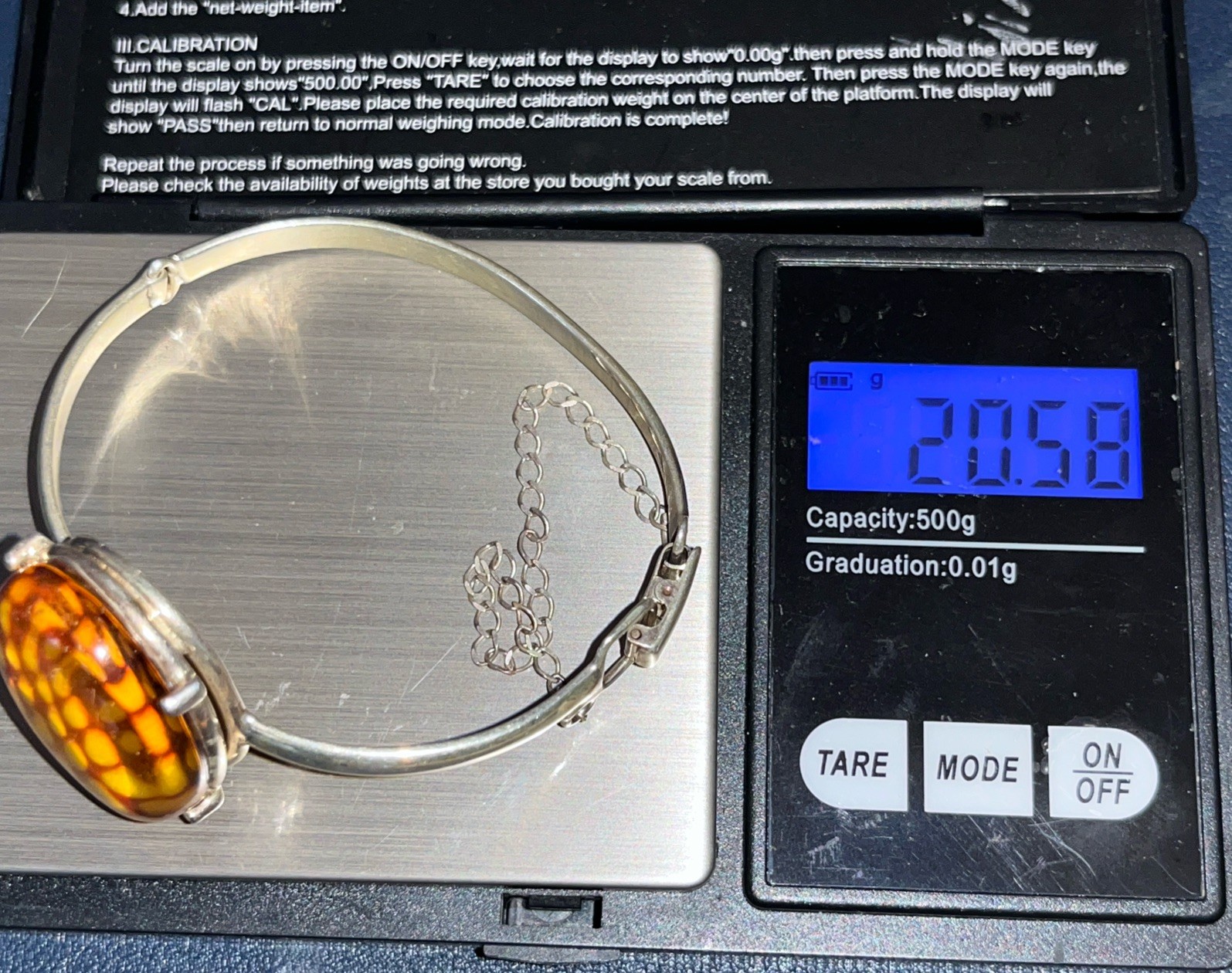 Sterling Silver 925 & Baltic Amber Reverse Carved Bangle – Stamped – Beautiful