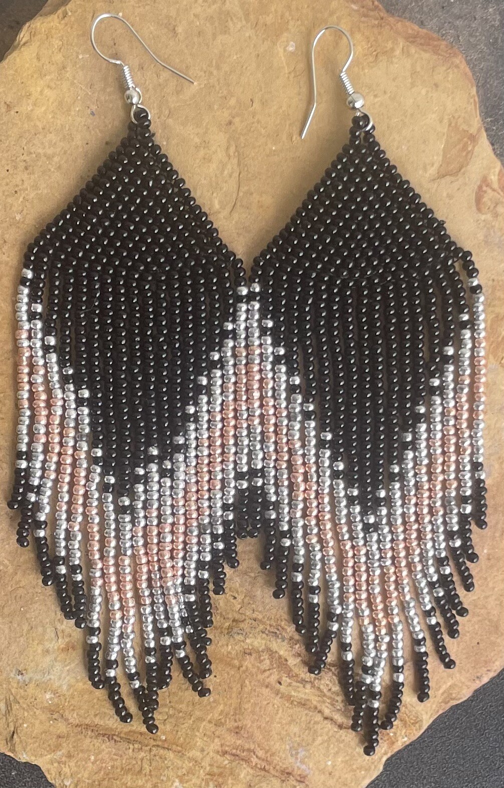 Boho Native Style Black Silver Rose Gold Seed Bead Beaded Earrings Fringe Long