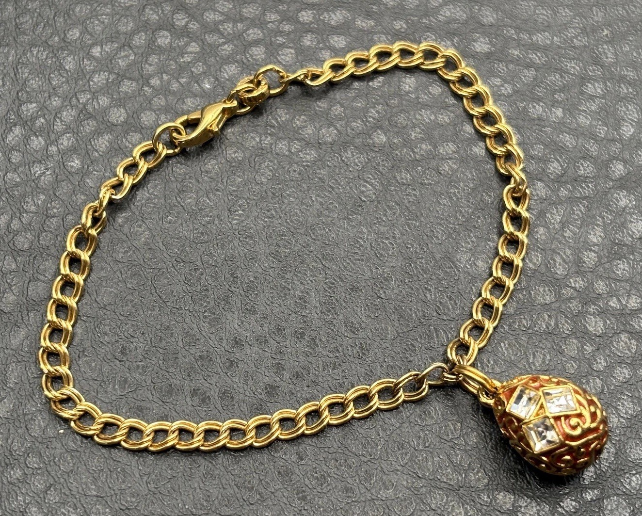 VTG Gold Tone Enamel Egg Charm Bracelet Clear Crystal Accents Double Link Chain