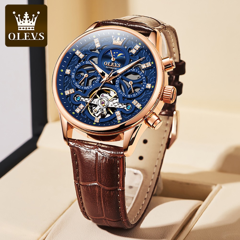 OLEVS Mechanical Watch Date/Week Moon Phase Blue Dial Tourbillon Men Wristwatch