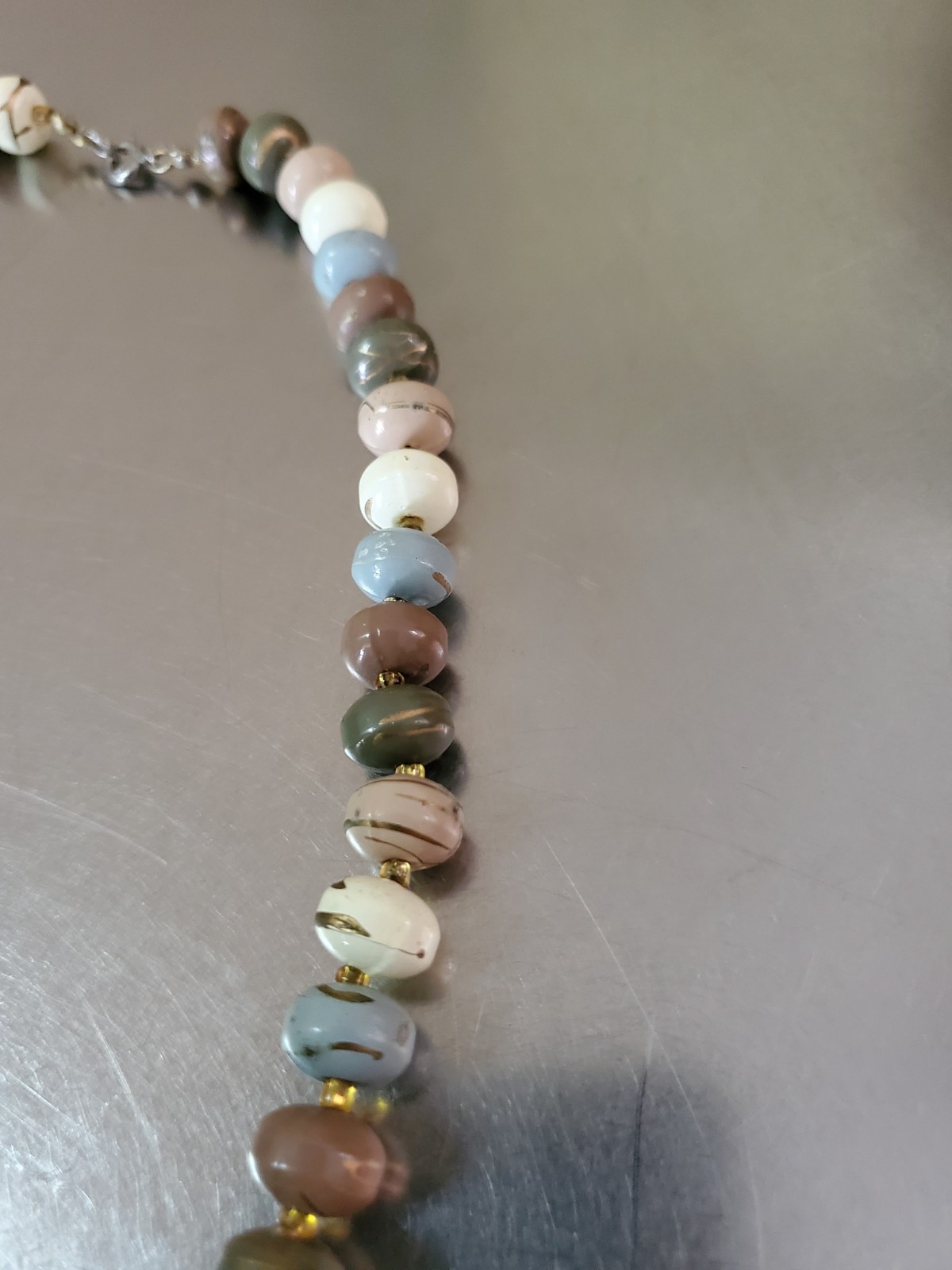 Vintage Multicolor Necklace Brown Blue Gold Beige White Green Beaded 22.5 inch