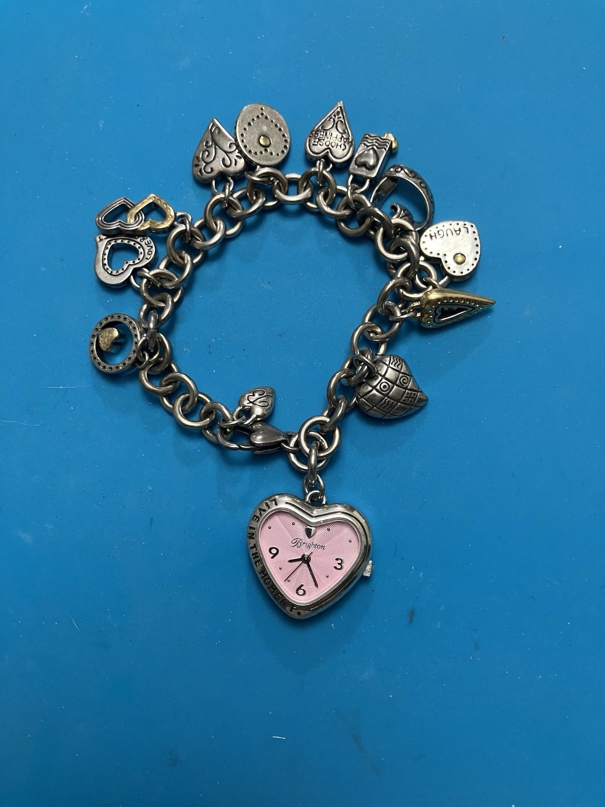 Brighton Silver “LIVE IN THE MOMENT” Breast Cancer Watch Charm Bracelet 8”