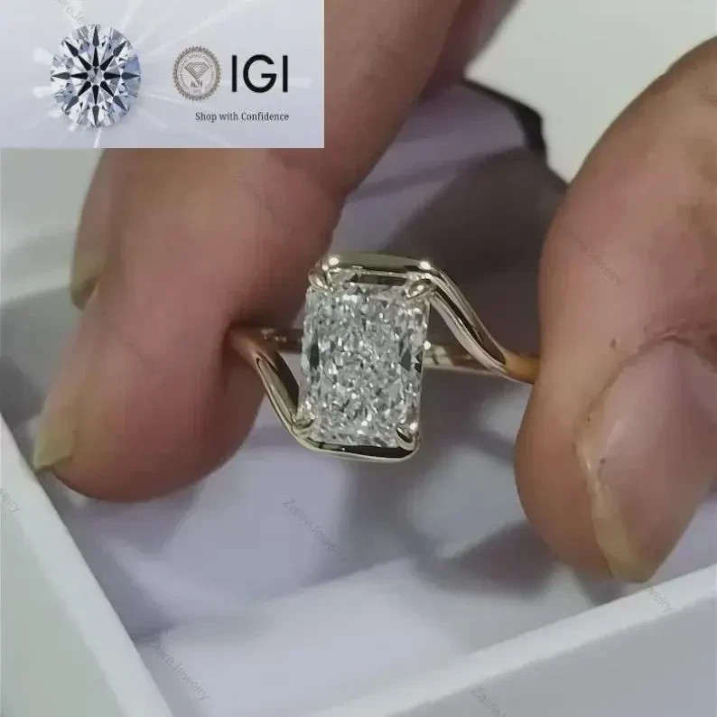 IGI 2 Ct Radiant F-VS1 Lab Grown Diamond Women Engagement Ring 14K Yellow Gold