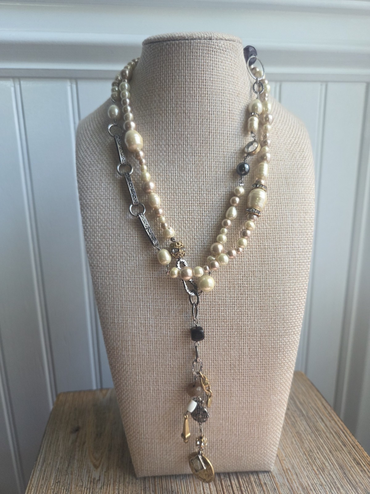 Cabi #2147 Treasure Necklace Mixed Media Pearls Charms Gold Silver Boho Chic