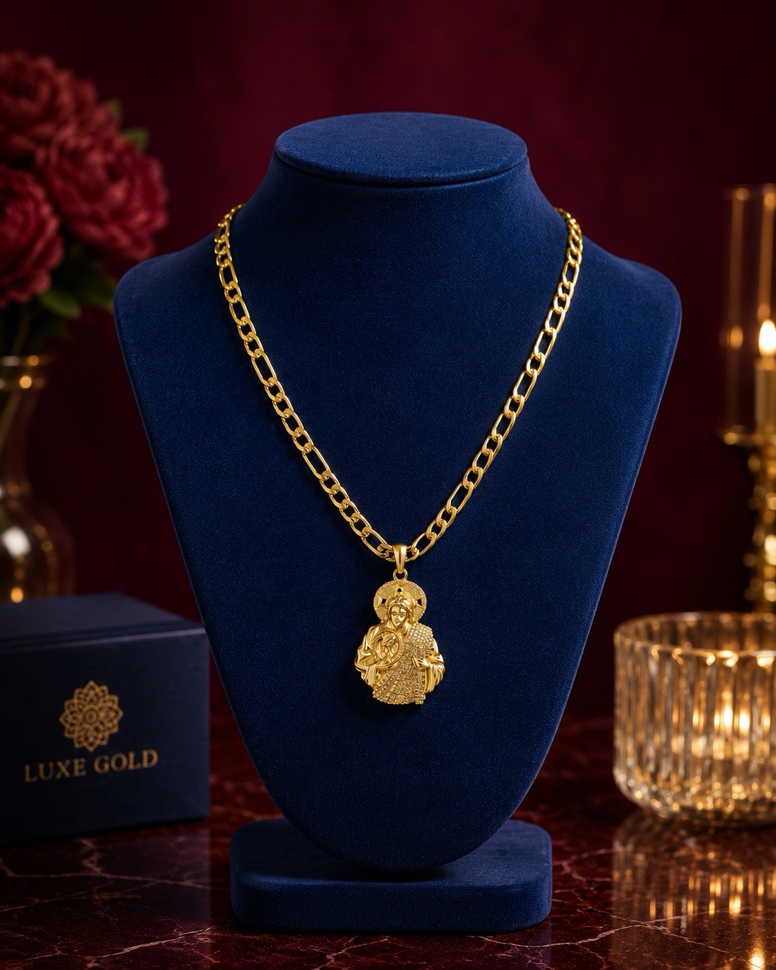 Luxe Gold Yellow Gold Plated Figaro Chain Religious Round Charm 24in