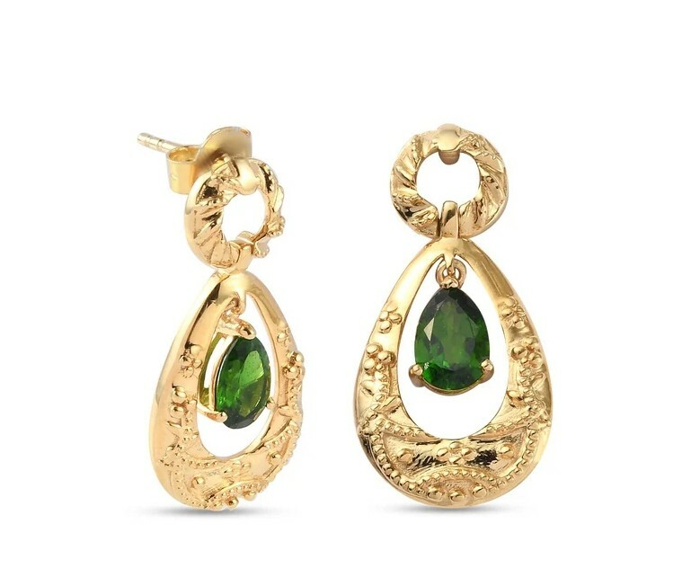 Chrome Diopside Drop Stud Earrings in 14K Gold Overlay Sterling Silver 1.57 Ct.