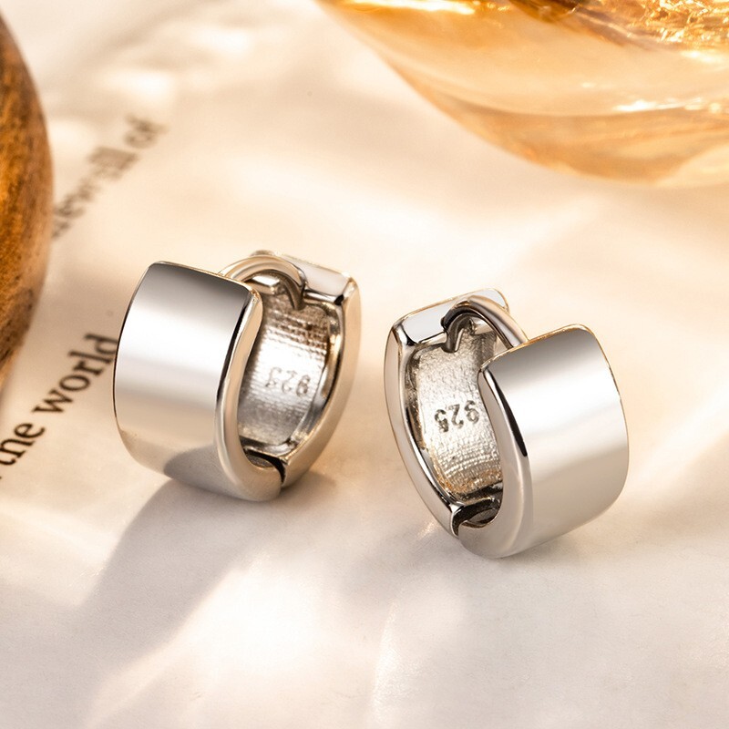 Women Girl Wide Band Small 925 Sterling Silver Plain Huggie Hoop Earrings A33
