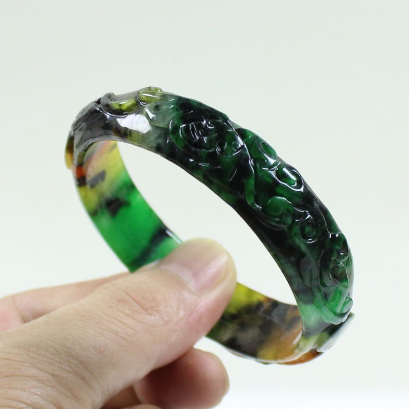 61mm Real Natural Ice Multicolor Burmese Jade jadeite Carving Bracelet Bangle