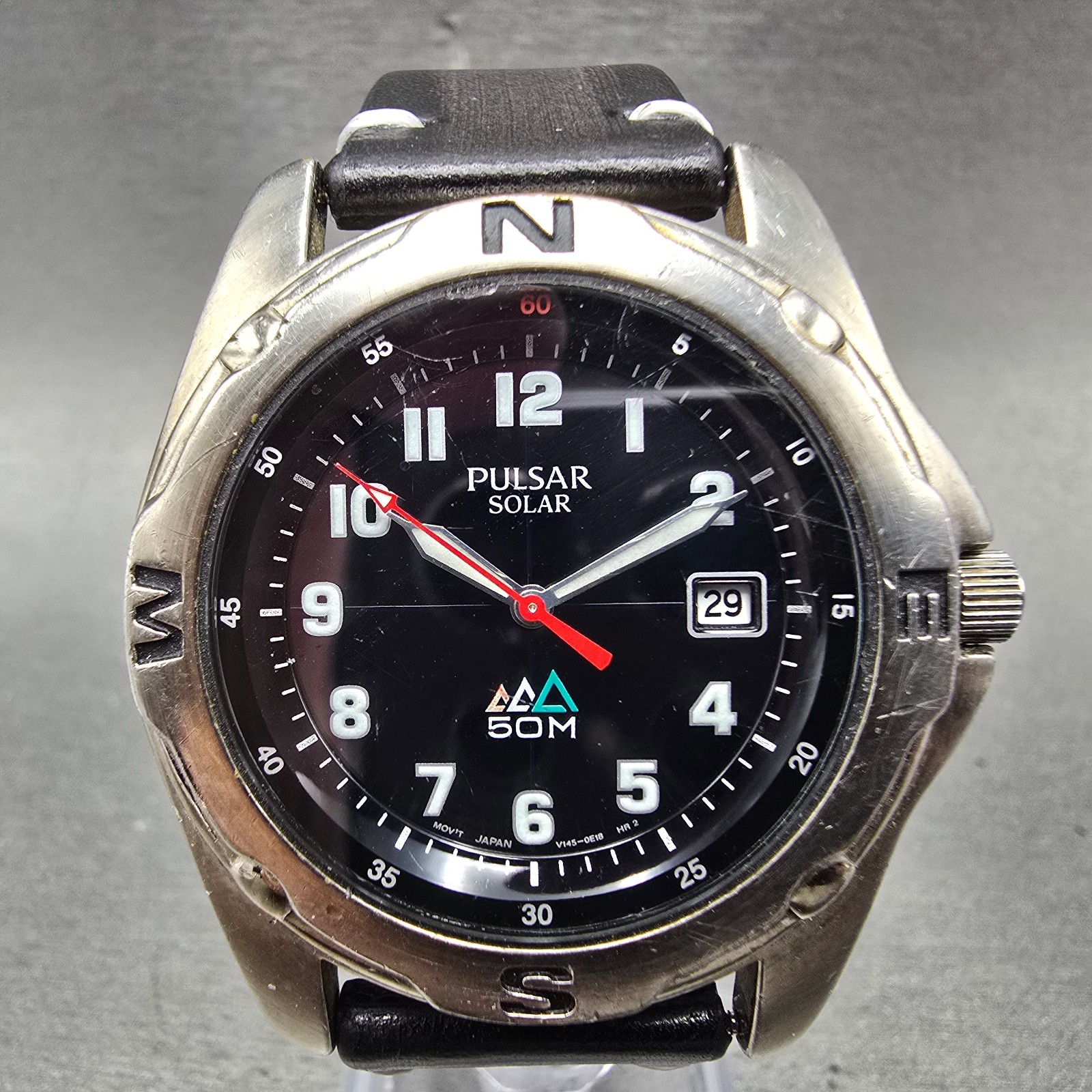 Seiko Pulsar Solar Watch Men 39mm Black Dial Silver Tone Date V145-0B90 Runs