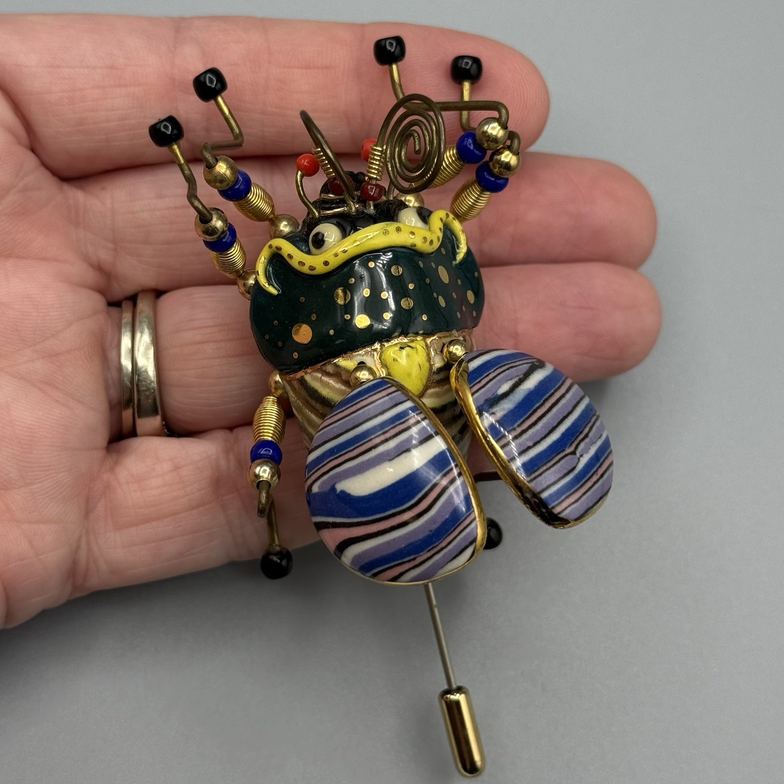 Cynthia Chuang Jewelry 10 Bee Beetle Pin 3″ Porcelain Glass Metal Whimsy Unique