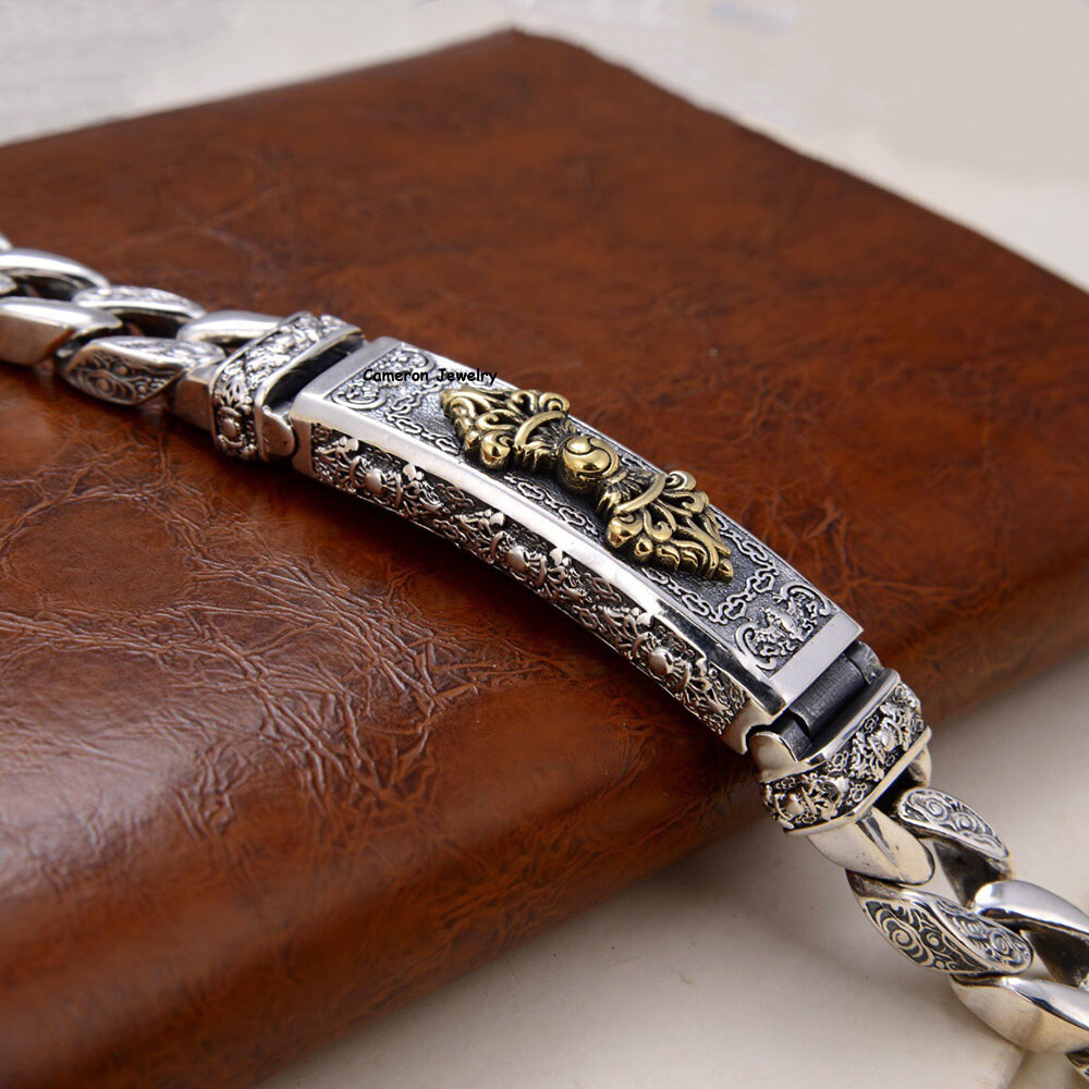 Pure S925 Sterling Silver Bracelet 11mm Vajra Six Words Curb Link Chain 7-8.7in