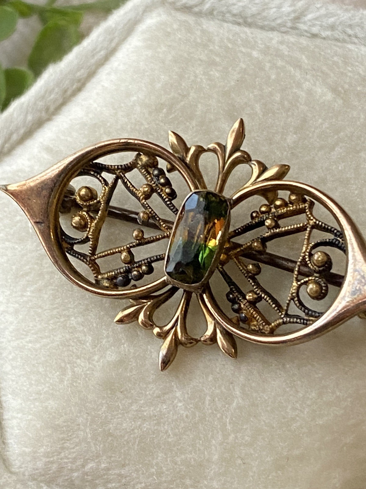 Antique Nouveau GF Rare Tri-colored Green Stone C-Clasp Brooch Pin Mourning