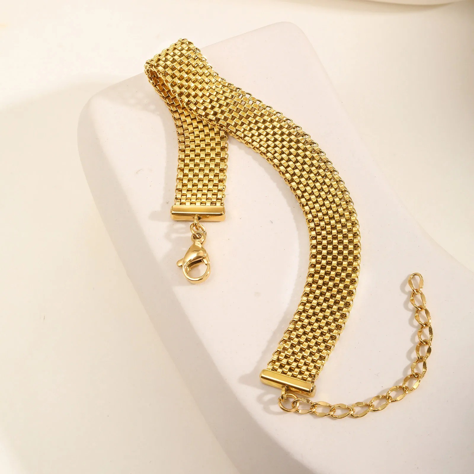 Women’s Gold Tone Wide Mesh Chain Bracelet Stainless Steel Adjustable Lobster