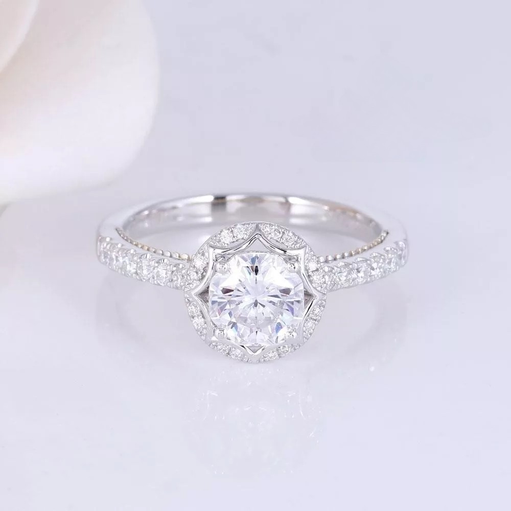 Moissanite Halo Engagement Ring Round Cut 2 Carat 14k White Gold Gift For Her