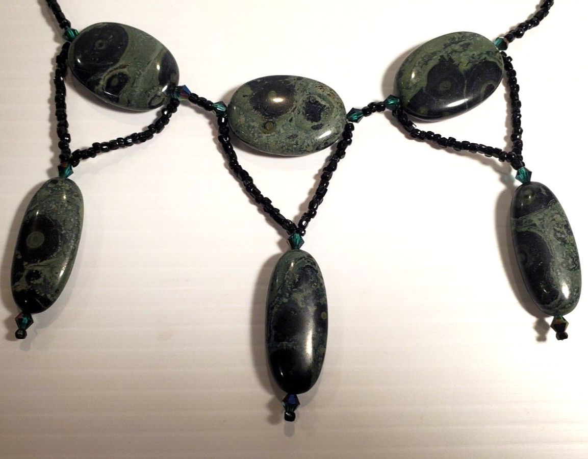 Black & Deep Green Natural Forest Jasper Stone 27″ Length Festoon Necklace OOAK