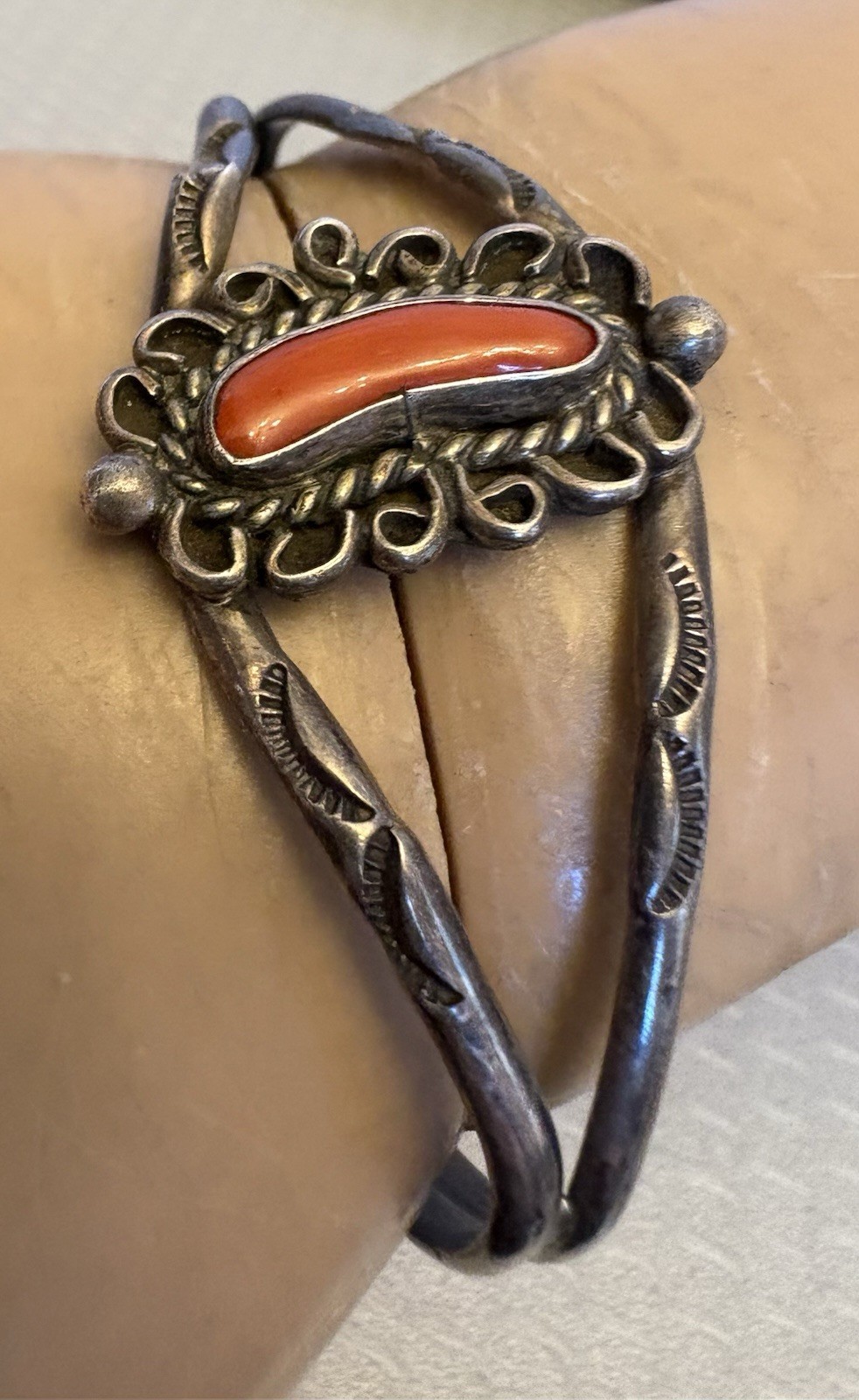 Vintage Navajo Sterling Silver Red Coral Cuff Stampwork Signed JJJ Bracelet READ