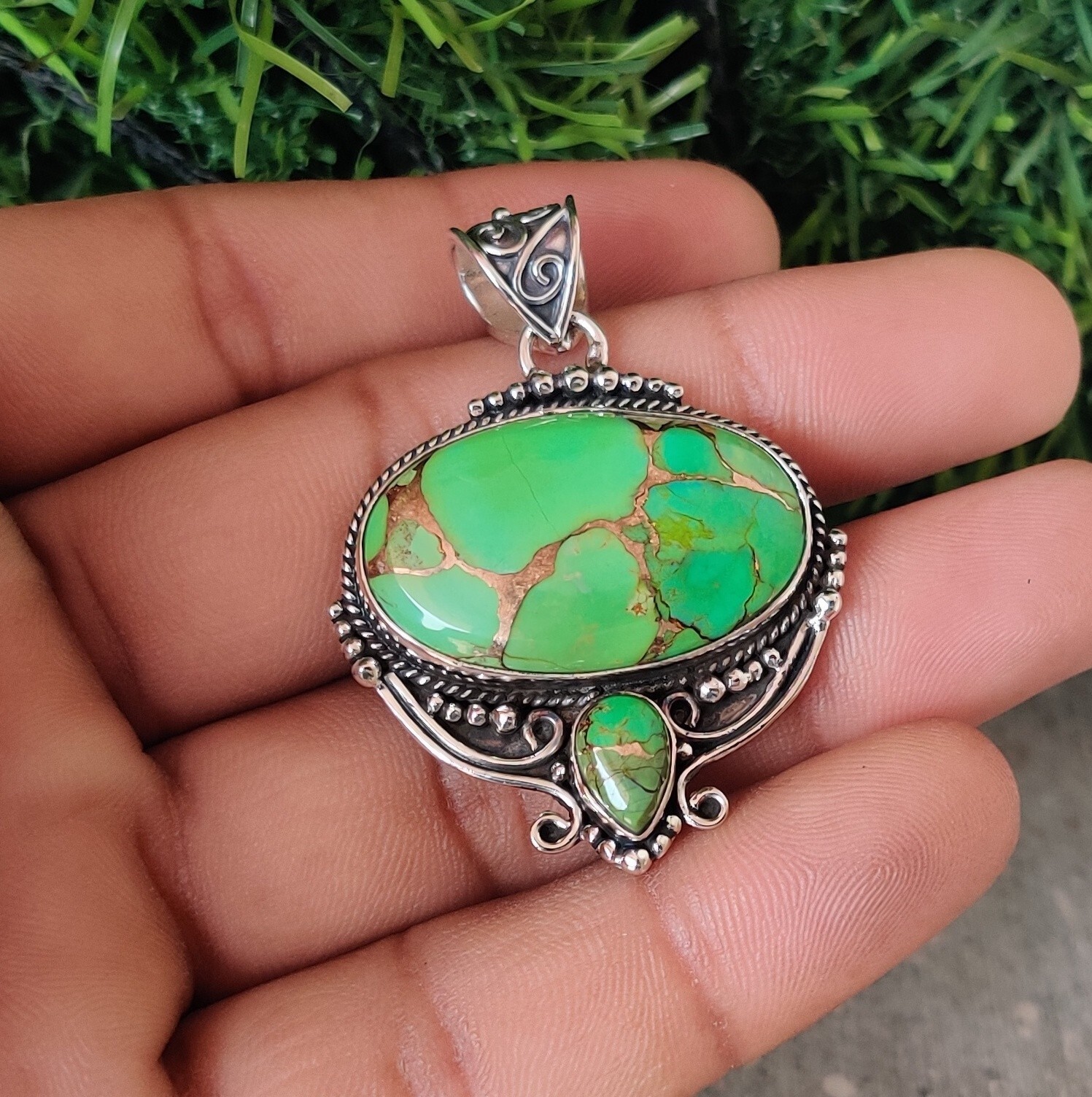 Green Copper Turquoise Gemstone 925 Sterling Silver Stylish Gift Pendent MO2083