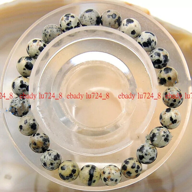 8mm Natural Dalmation Jasper Spot Round Gemstone Beads Elastic Bracelet 7.5″