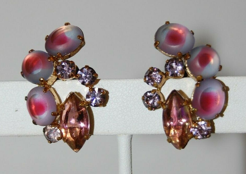 ELEGANT VTG JULIANA COUTURE PINK FROSTED CRYSTALS OPEN BACK GOLDEN CLIP EARRINGS