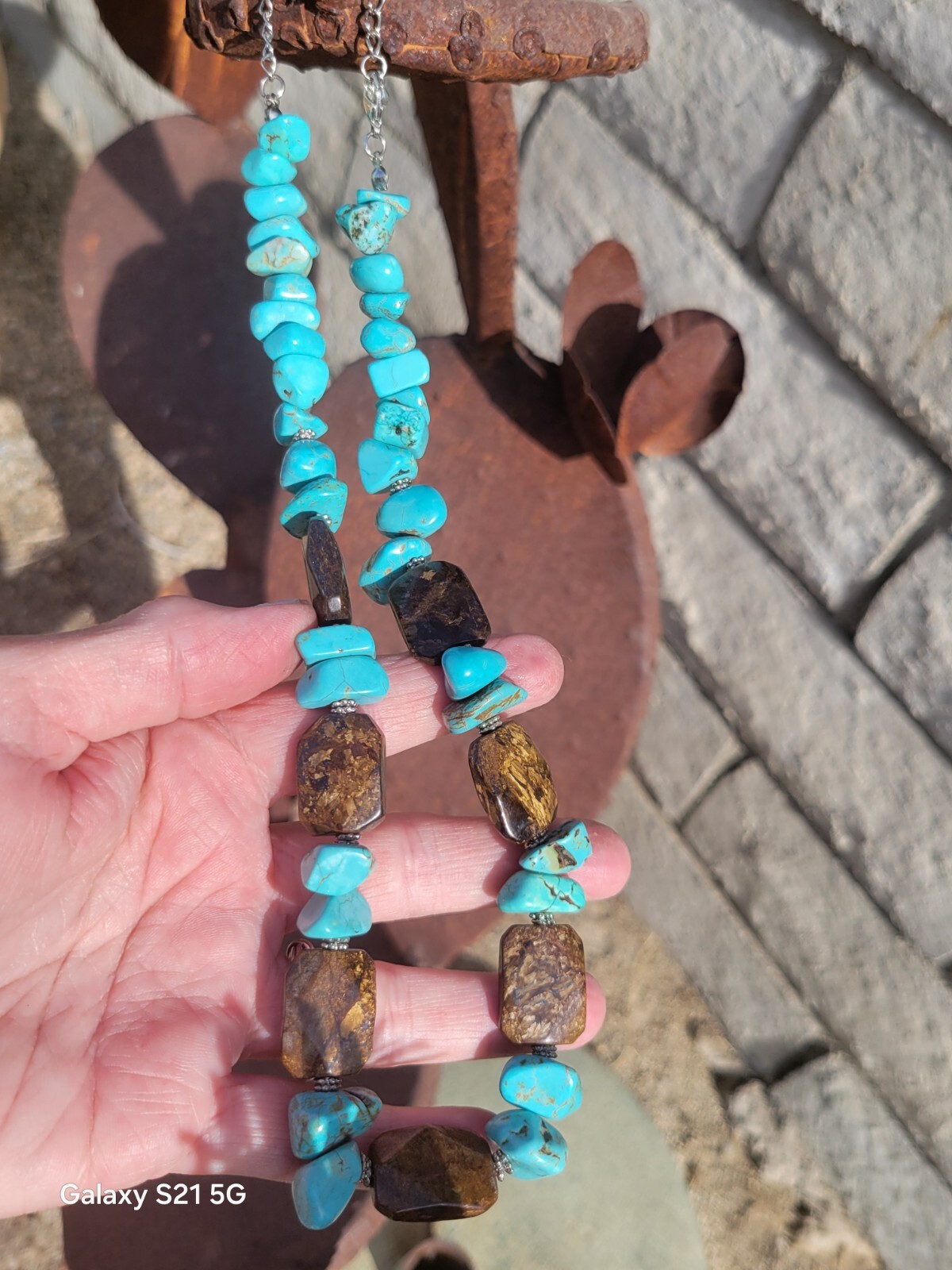 Turquoise-Bronzite Necklace 20″ Long Boho Chic Artisan Made Adjustable OOAK