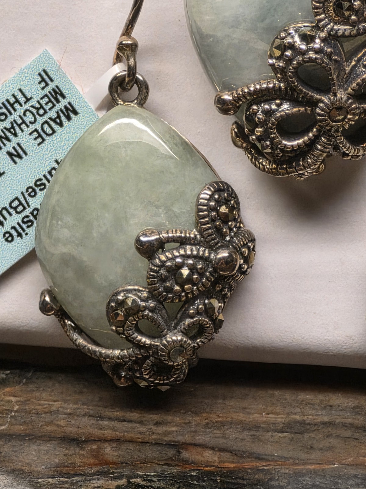Vintage Sterling Silver Marcasite Jade Necklace & Earrings Set Butterfly Design
