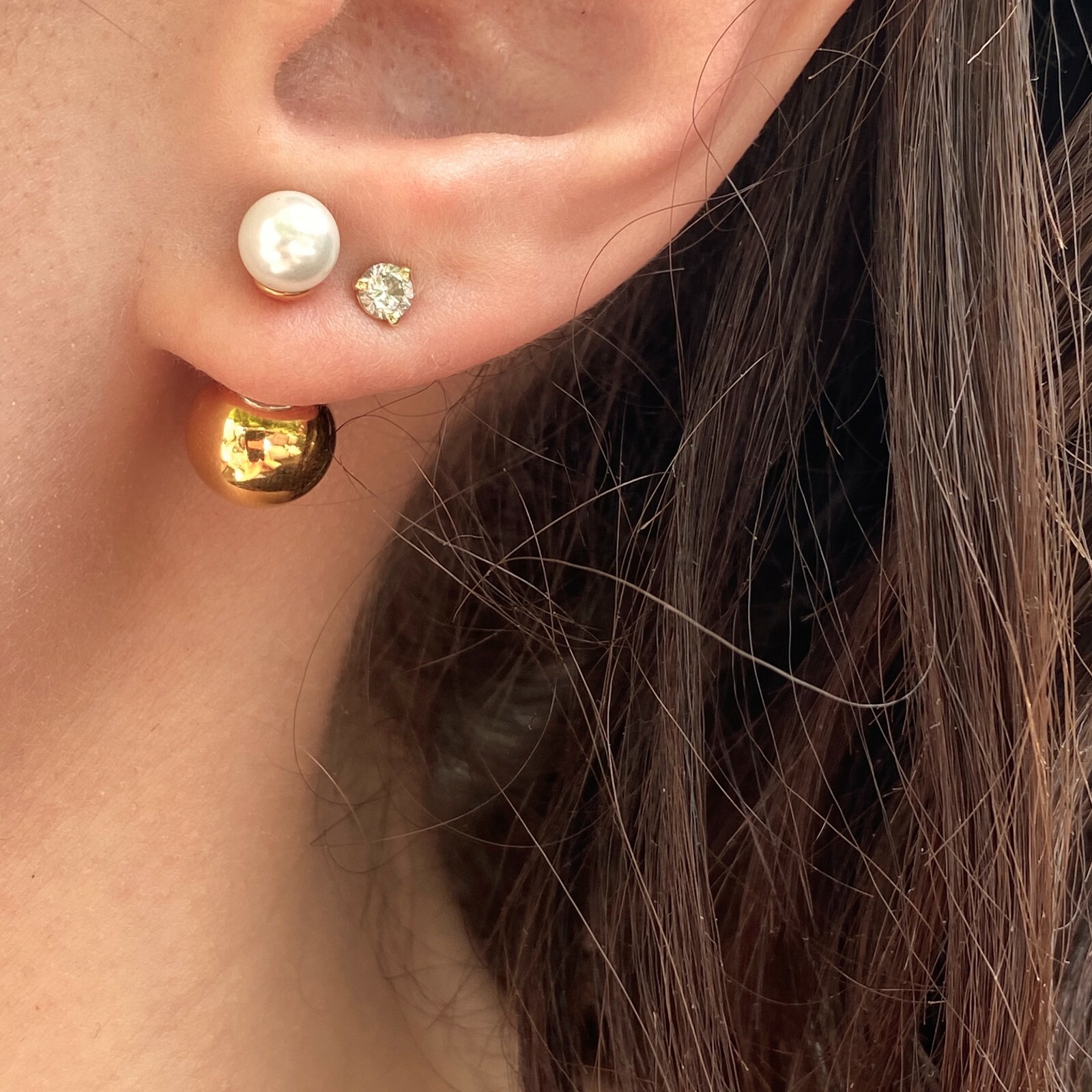 Stainless Steel Double Ended White Pearl + Gold Ball Post Stud Earrings NEW