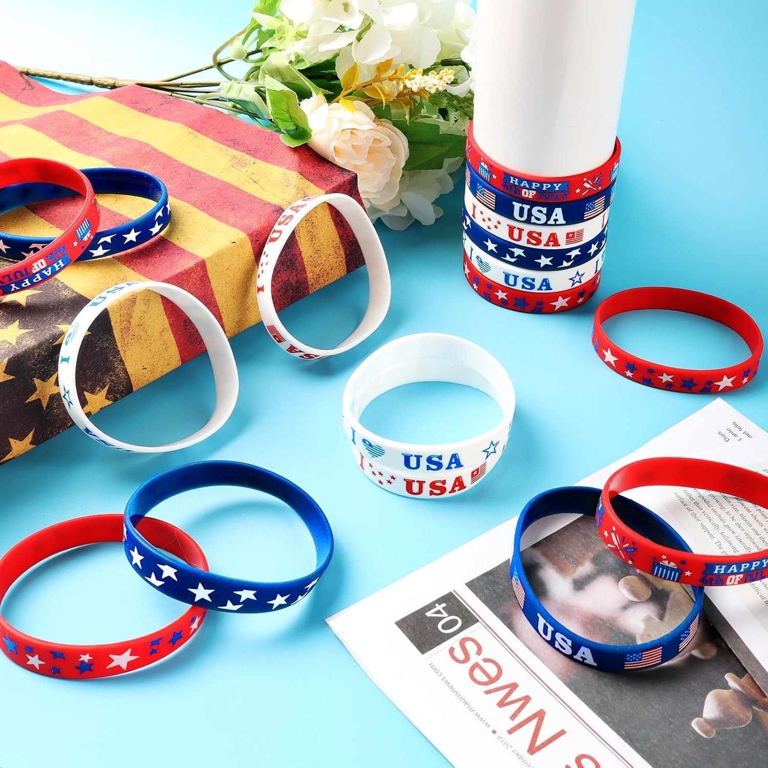 30 PCS 4Th of July Bracelets, Red White and Blue Patriotic Rubber