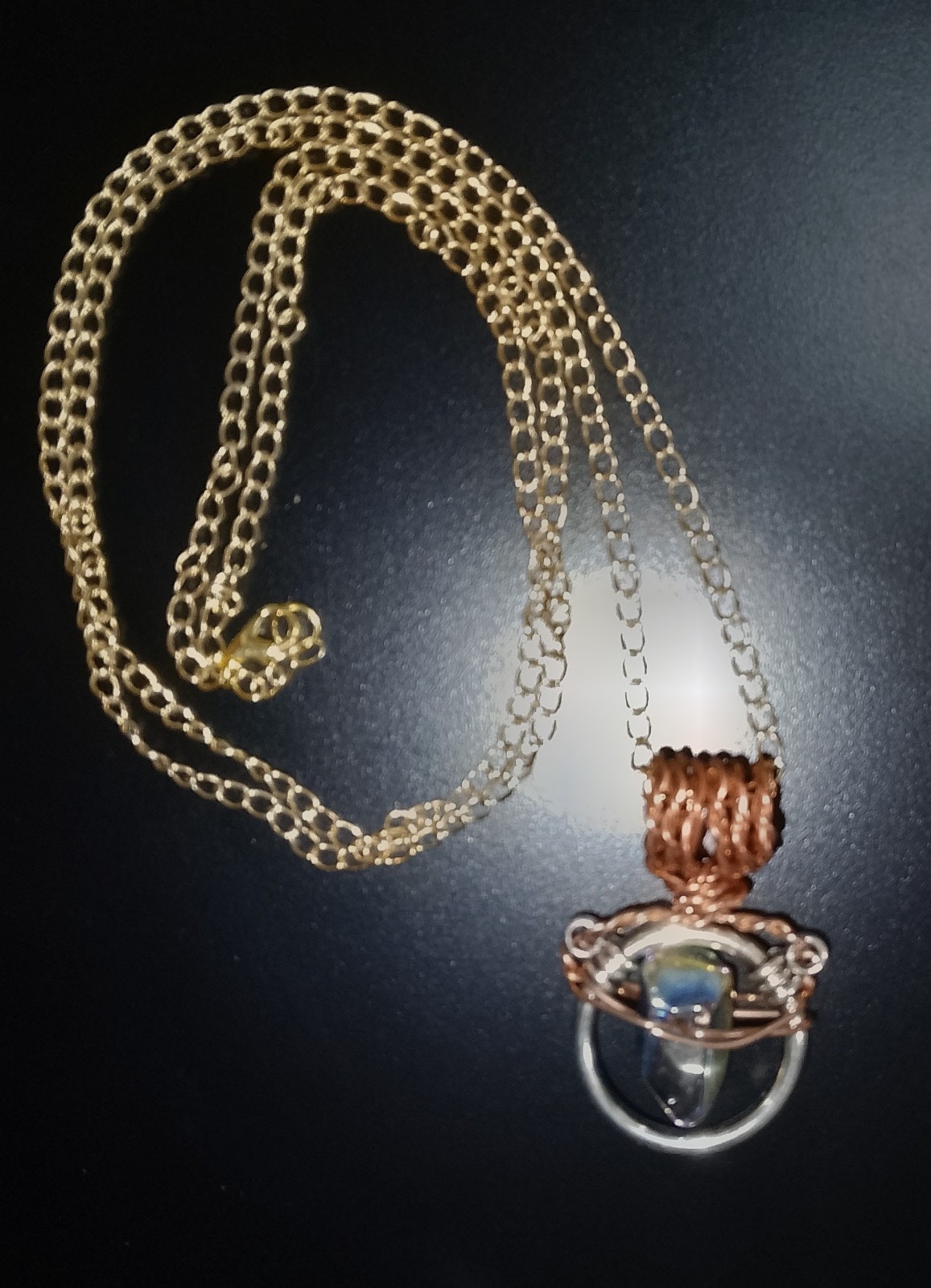 Gold Tone Cable Chain Necklace w/ Wire-Wrapped Hexagon Stone Charm Pendant