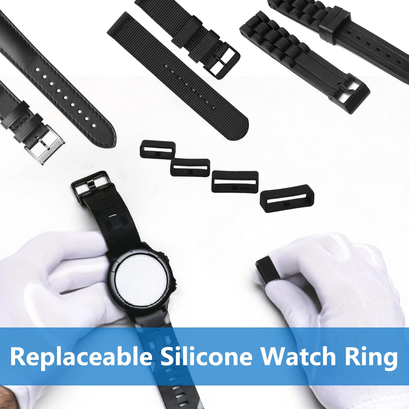6 Pcs Watch Band Keepers 16-26mm Black Silicone Loops Strap Holder for Watches