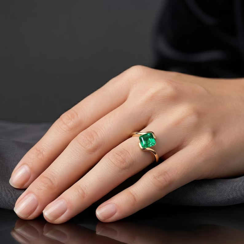 Lab Created Green Emerald Ring, Base Metal: Brass Finish: Gold Plated