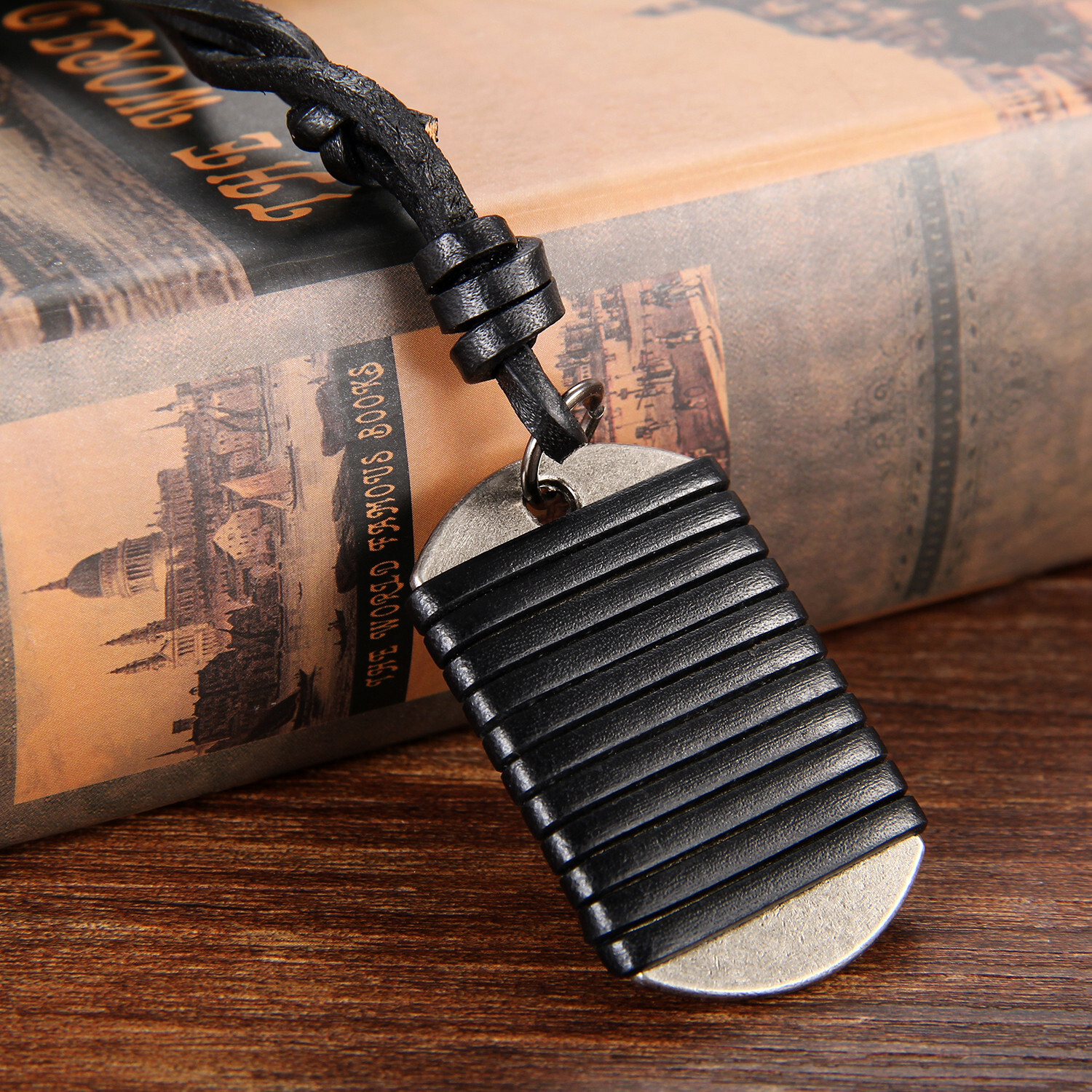 Army Military Dog Tag Men’s Black Leather Pendant Necklace w Adjustable Cord