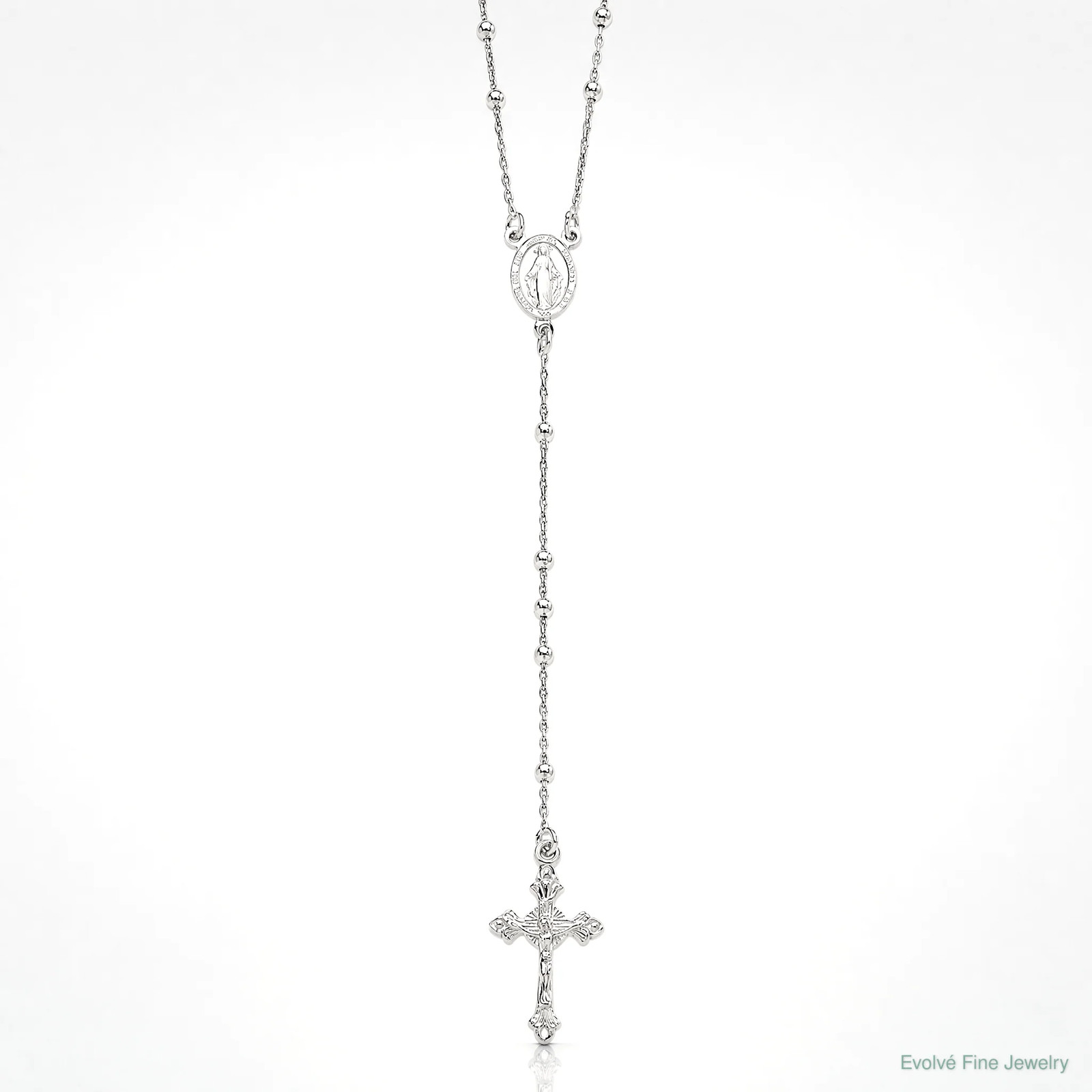 Sterling Silver Rhodium-Plated Polished Beaded Rosary 24 Inch Necklace