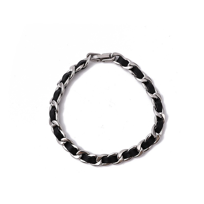 Black Leather Silver Cuban Jewelry Set Minimalist Necklace Bracelet Matching