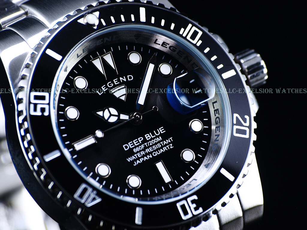 RARE Legend Men 200m Deep Blue Diver Midnight Black Dial Quartz SS Watch