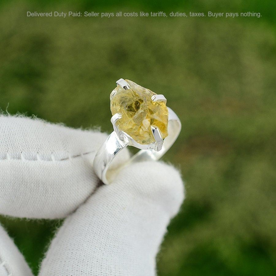 Pentagon Citrine Rough Stone Solitaire Wedding Ring Size 7.5 925 Sterling Silver