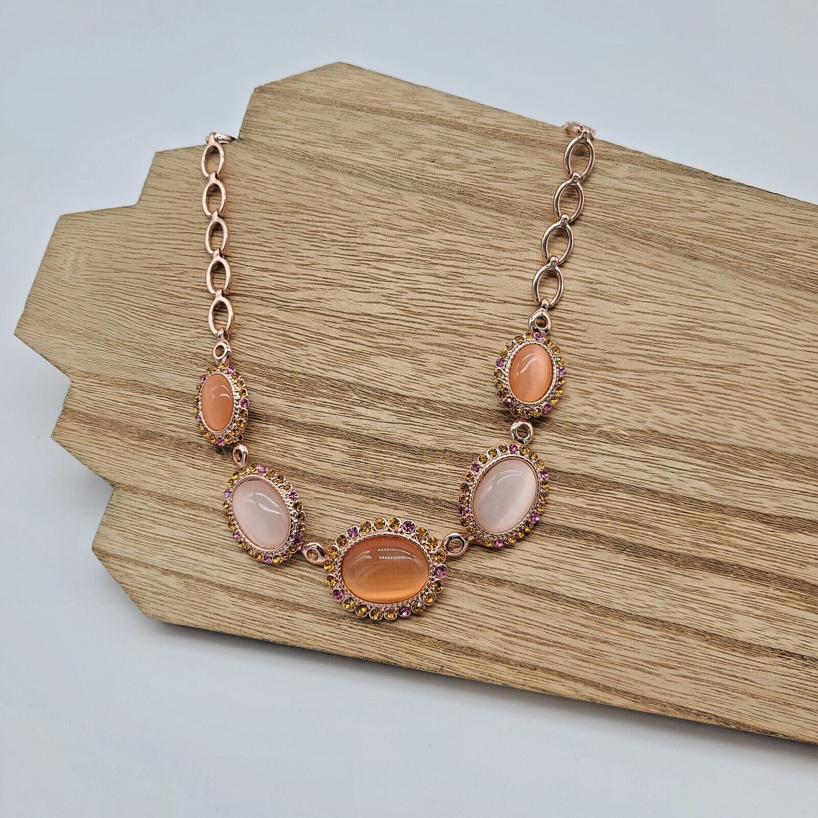 7 Charming Sisters Pink, Orange & White Moonstone, Crystal & Rose Gold Necklace