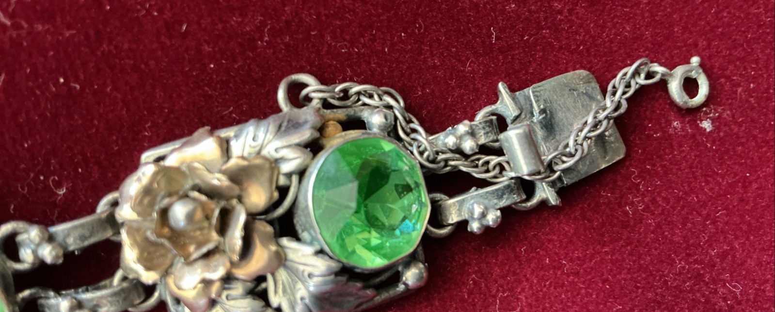 Signed Hobe 40’s Sterling Silver 1/20 14K Gold Floral Link Bracelet Green Glass