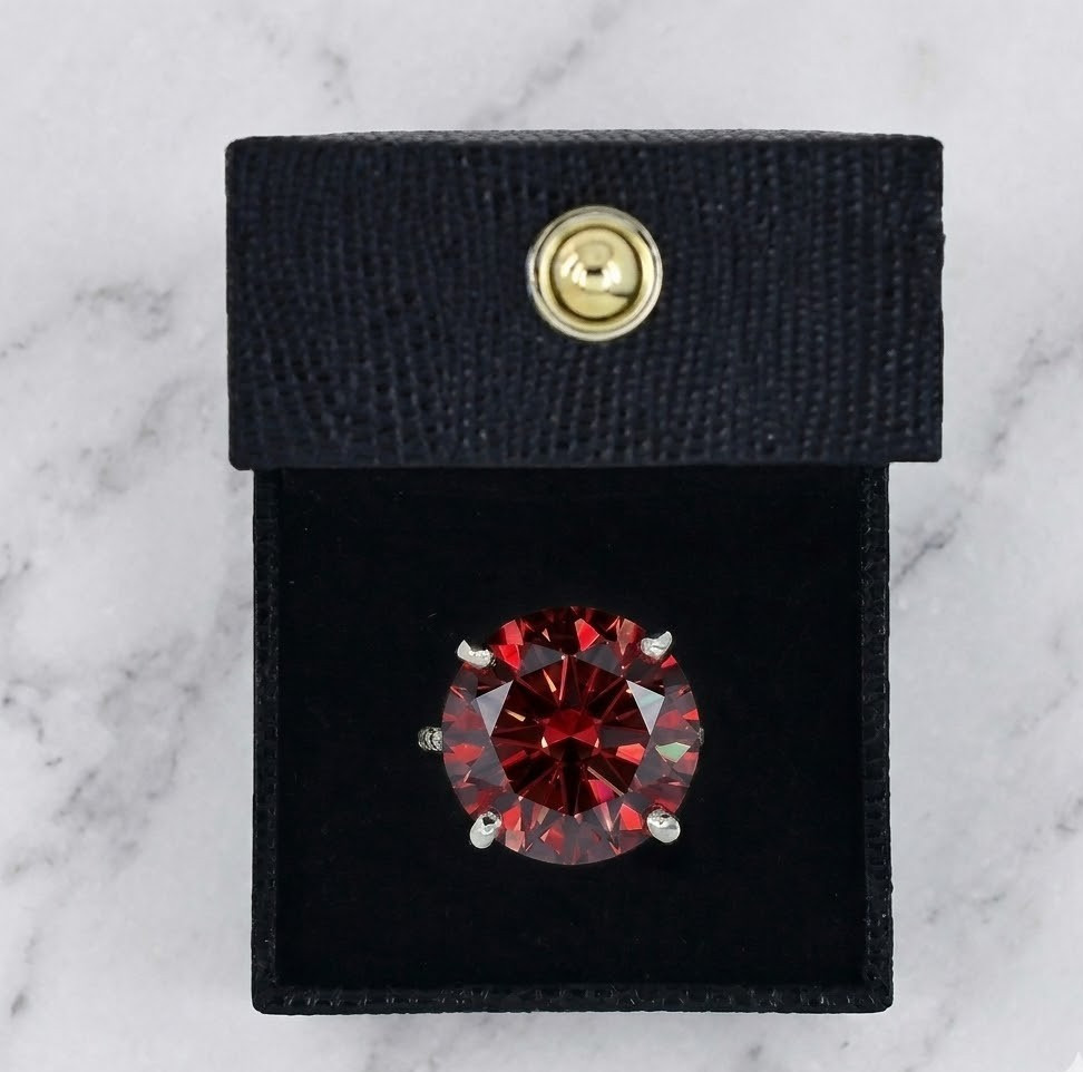 28.00 CT Certified Round Cut Red Diamond Ring, Tariffs FREE & Matching Studs