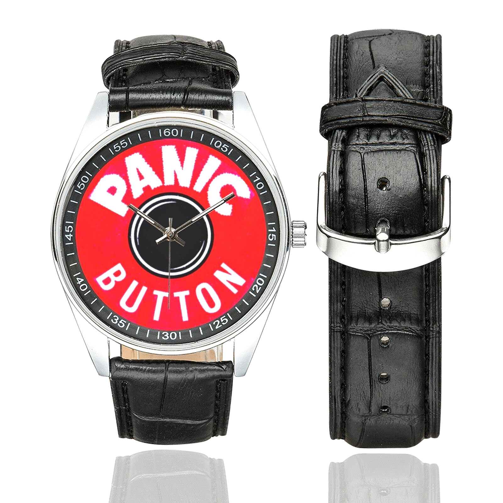 PANIC BUTTON Watch by MAD, Stainless Steel, Black Faux Leather, Splash Proof