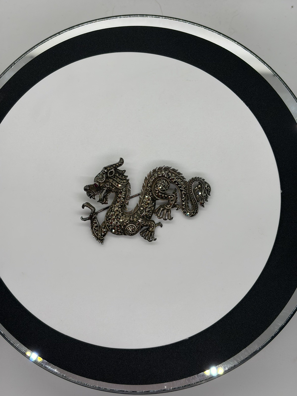 Vintage 925 Sterling Silver Marcasite With Red Eye Chinese Dragon Brooch 25.5G