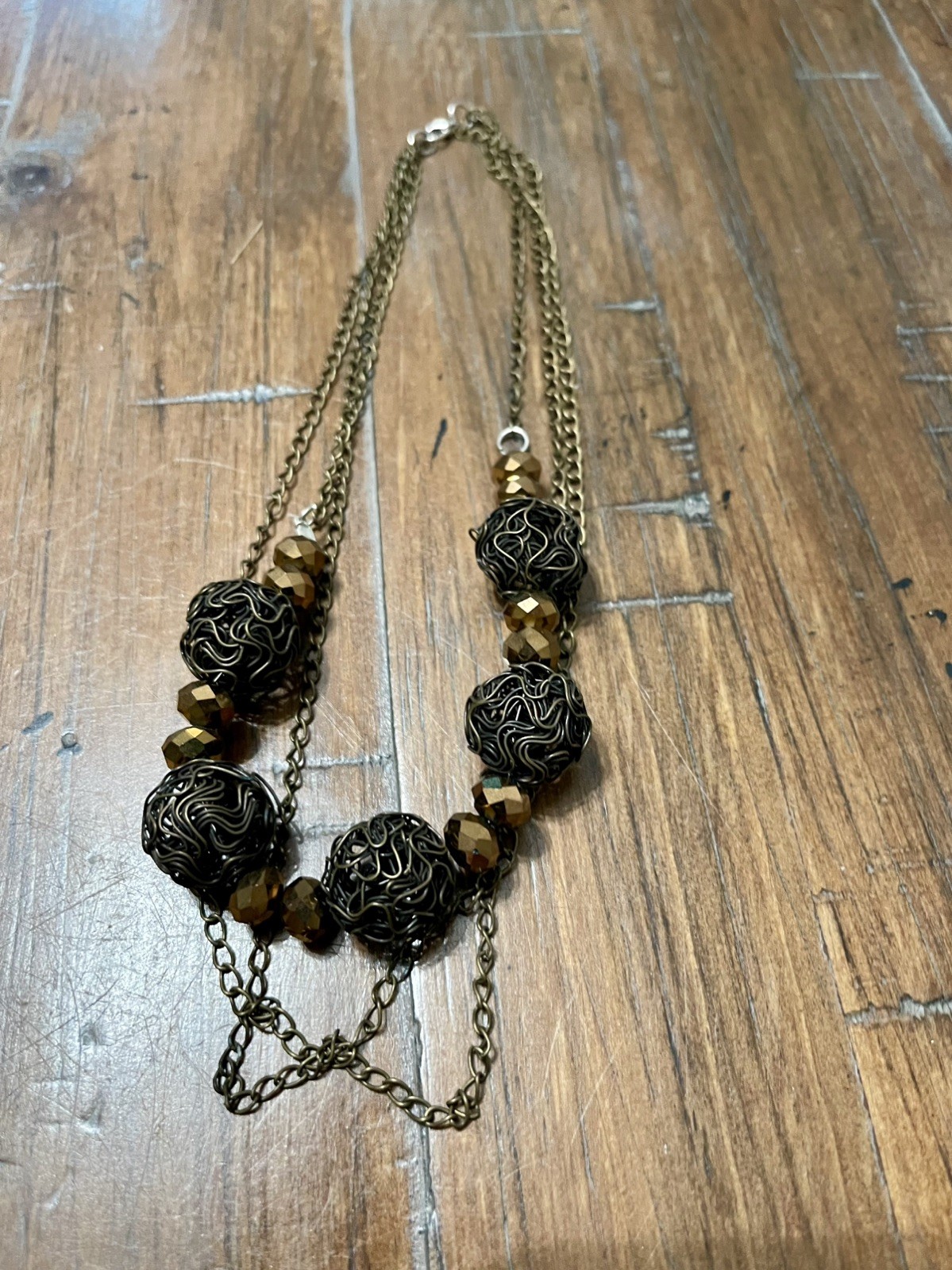 Bronze Black Wire Wrapped Cage Beaded Necklace Multi Chain Artisan