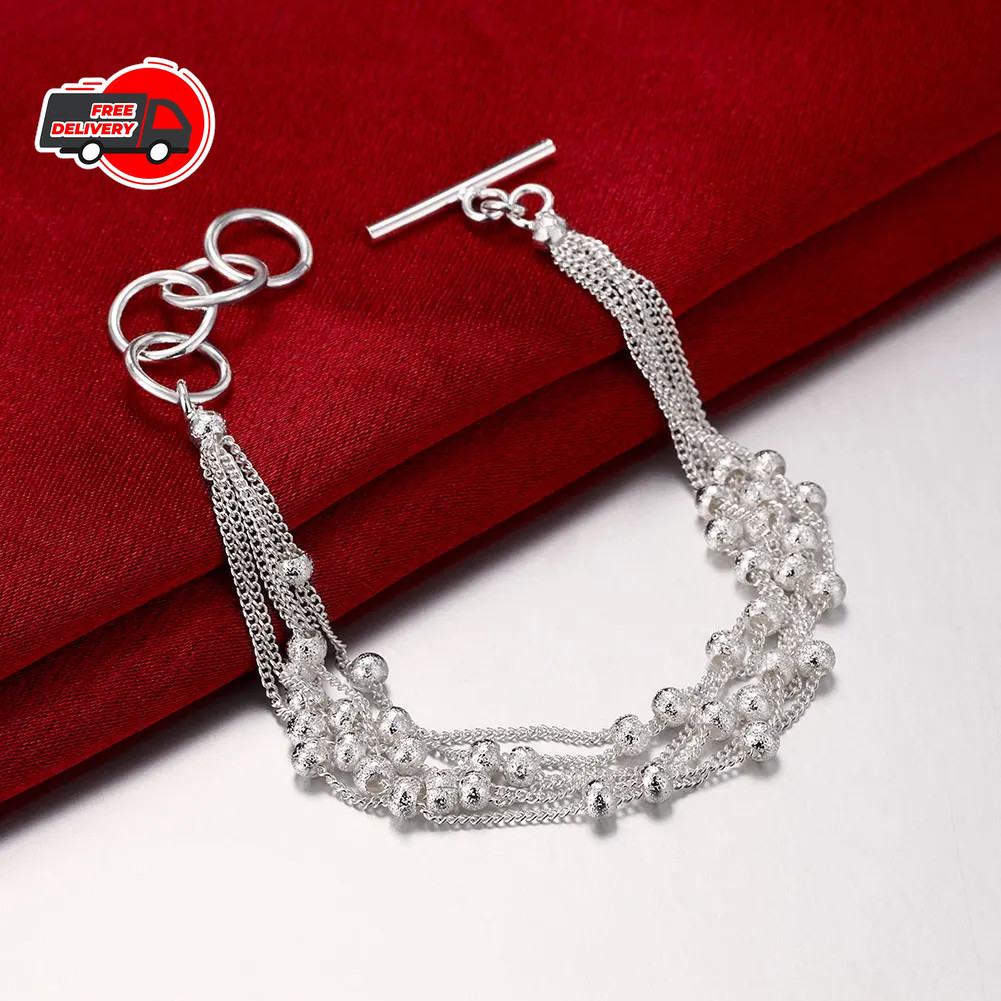 925 Sterling Silver Charm Glossy Bead Bangle Women’s Fashion Bracelet Jewelry