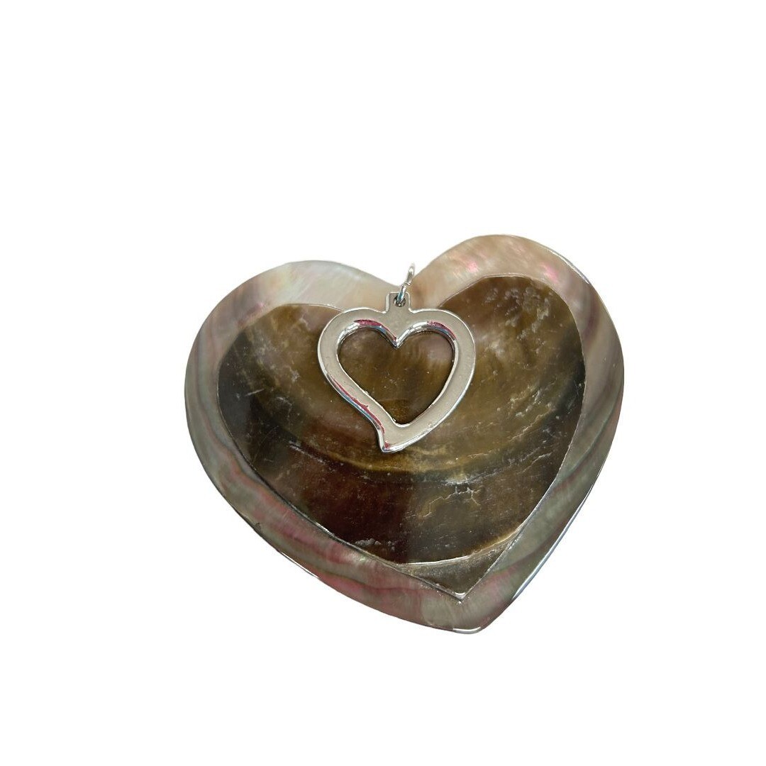 Heart Shaped Shell Silvertone Statement Pendant Brown 2.5″