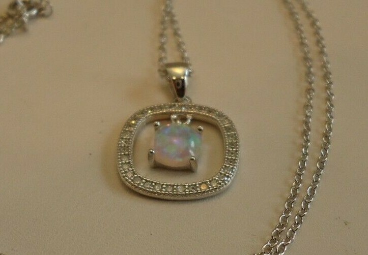 OPEN ROUND SQUARE NECKLACE PENDANT W/LAB ACCENTS & OPAL / 925 STERLING SILVER